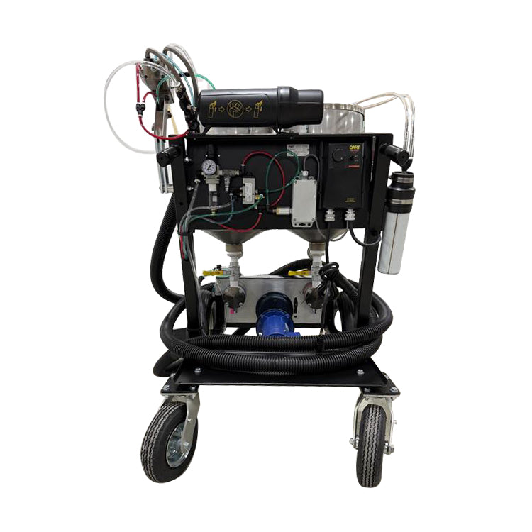 Rear view of the AST GMP-050-SPRAY portable pump system, featuring hoses and electrical connections for precise metering and mixing