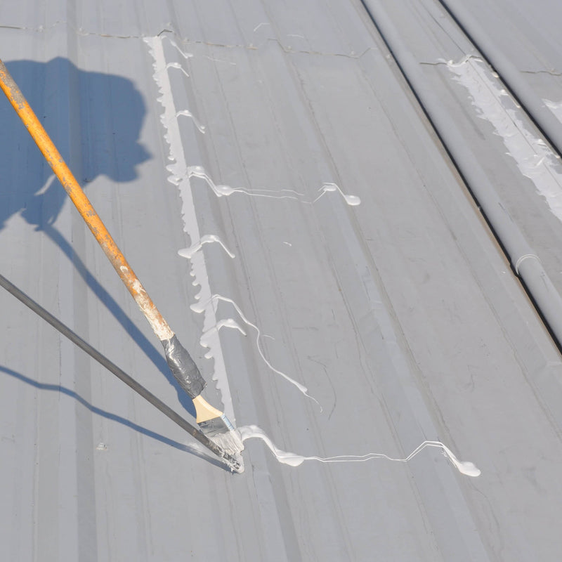 AST SP-5 wand and dispensing sealant and brush spreading it in the cracks of the roof.