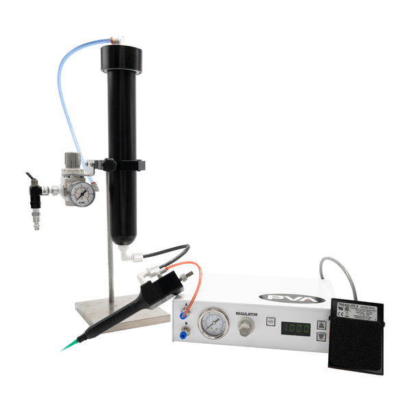 Compact fluid dispensing system for 12 oz cartridges, featuring a plastic handheld valve and a foot pedal