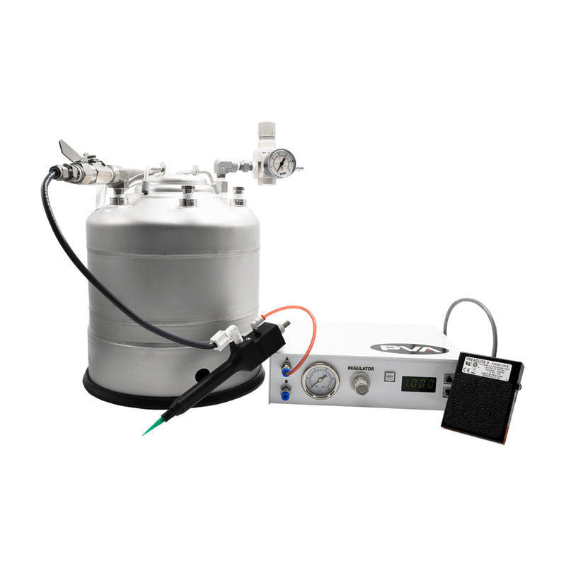 Large-capacity 2-gallon fluid dispensing system, featuring a plastic handheld valve and foot pedal