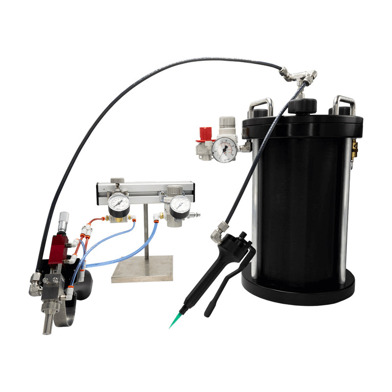 Advanced dual handheld precision spray system featuring a 2-liter tank, a pneumatic narrow spray applicator, and a lever-actuated bead applicator for controlled fluid application