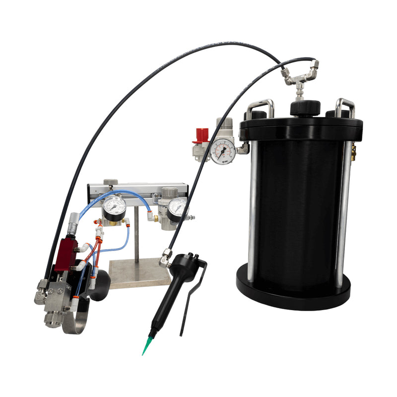 Handheld dual-application spray system with a 2-liter tank, combining a pneumatic spray applicator with a lever-actuated bead applicator for precise coating and dispensing