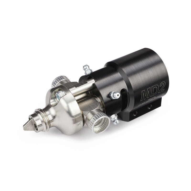 High-performance Graco MD2 Elite dispense valve with a durable black anodized body and stainless steel fluid components for precise material application