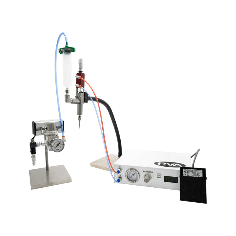 High-precision dot dispensing system with a syringe and stable stand